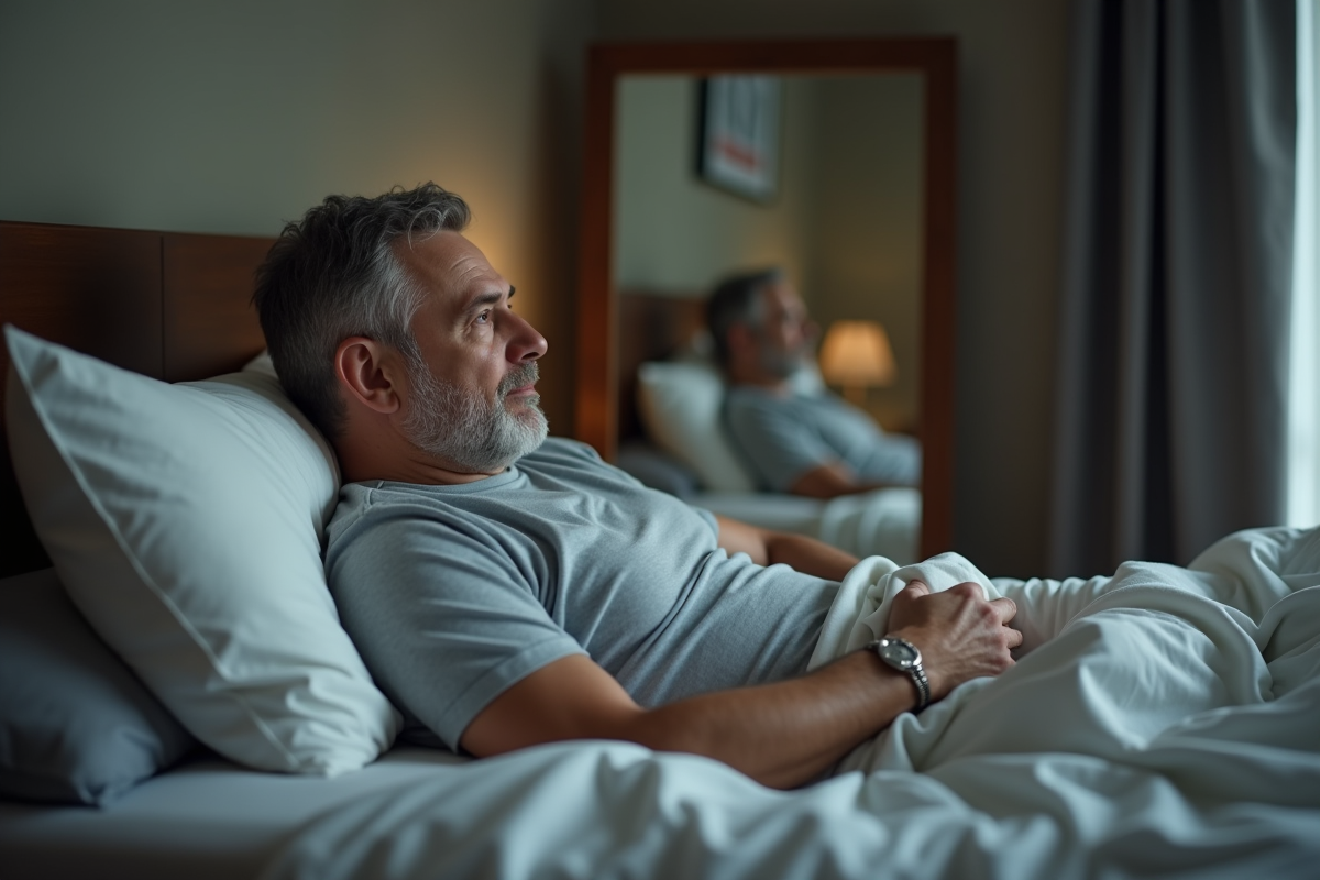 Homme se réveillant en regardant dans le miroir