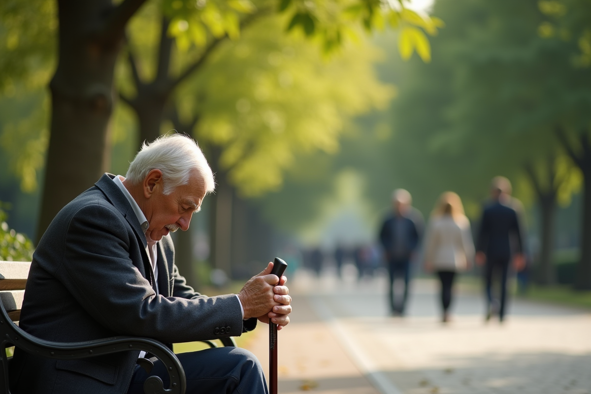Homme agee reposant sur un banc dans un parc ensoleille