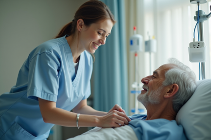 Infirmi&egrave;re en blouse bleue v&eacute;rifiant la perfusion d'un patient &acirc;g&eacute;