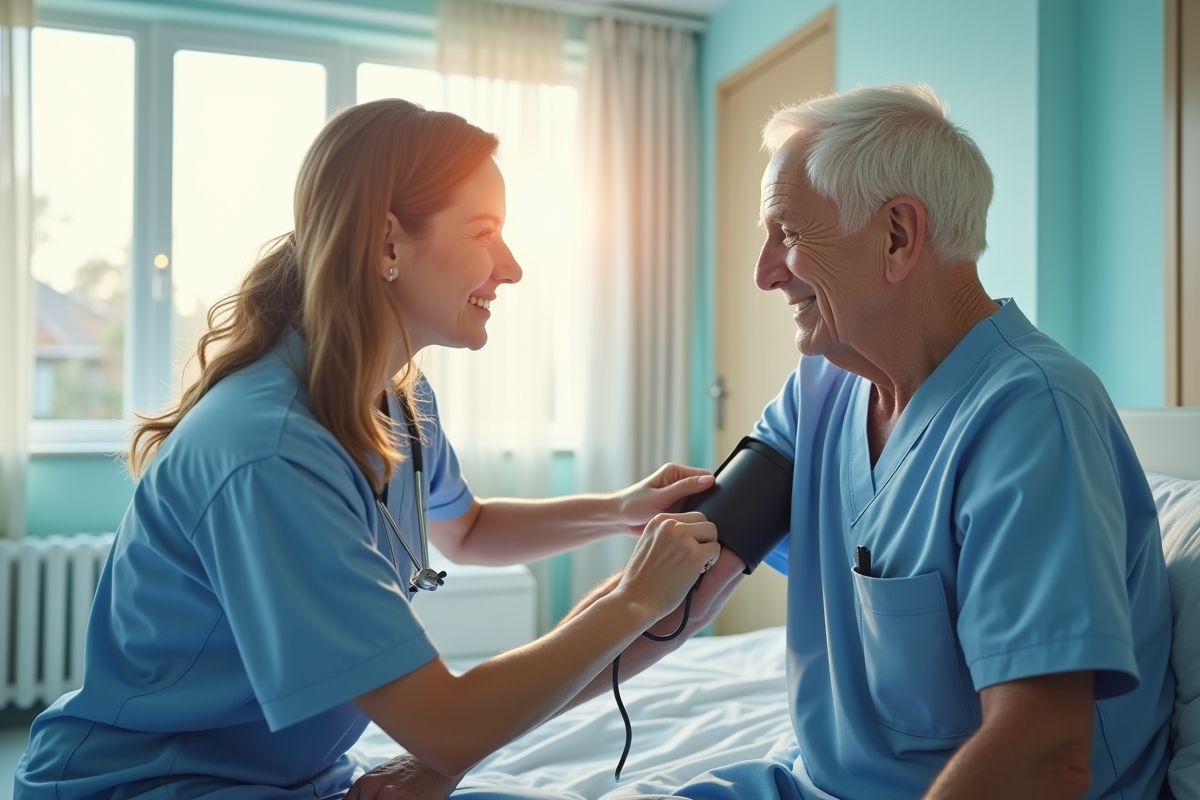 Infirmière soignant un patient âgé dans une salle lumineuse