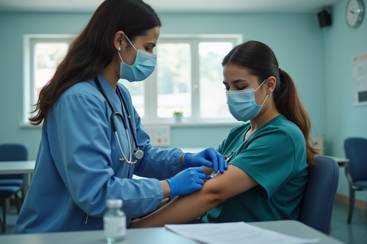 Infirmière préparant un vaccin chez un adulte dans une clinique