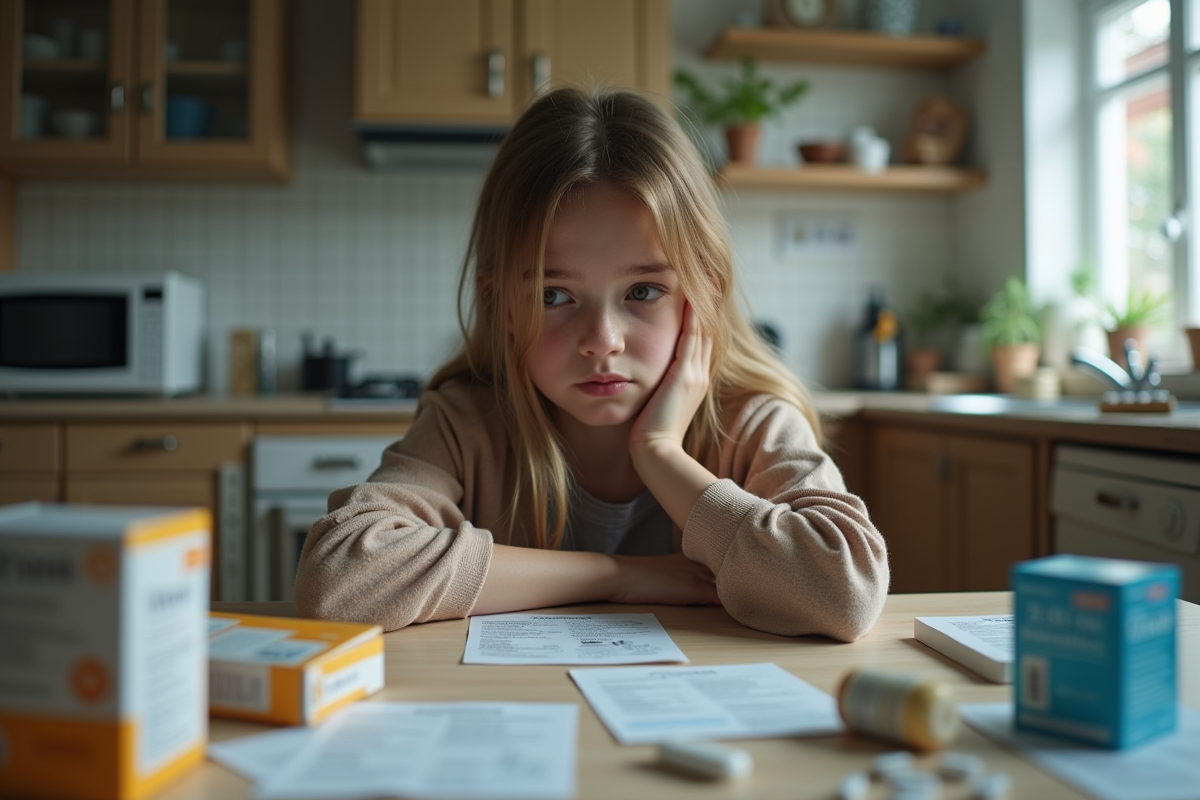 Jeune adulte inquiet entouré de médicaments à la maison
