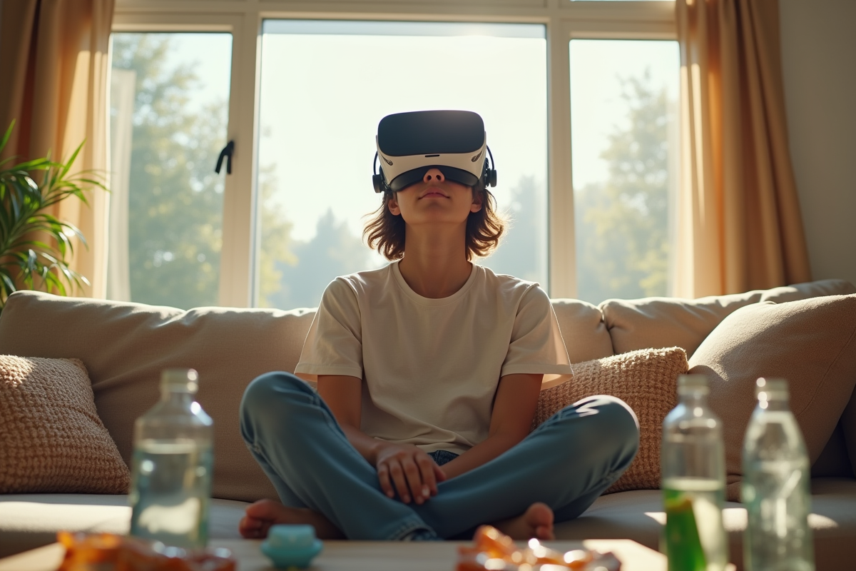 Jeune adulte avec casque VR dans un salon lumineux