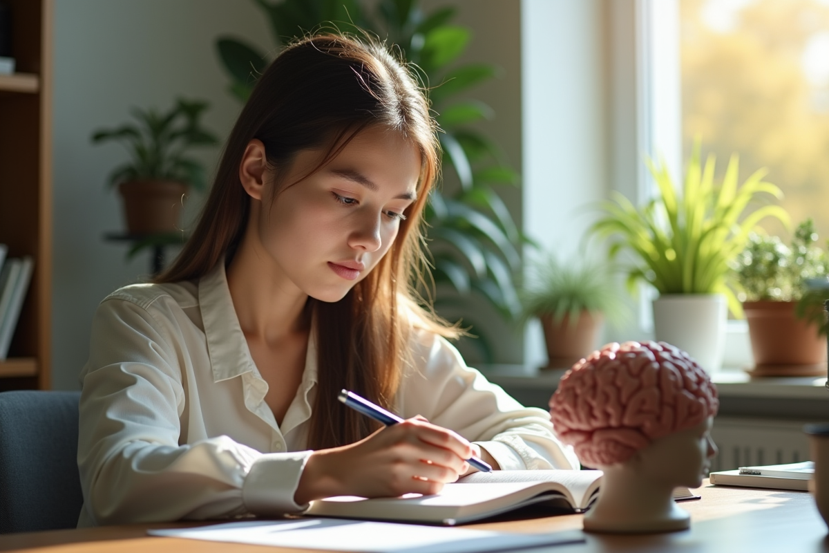 Jeune femme lisant un journal scientifique au bureau