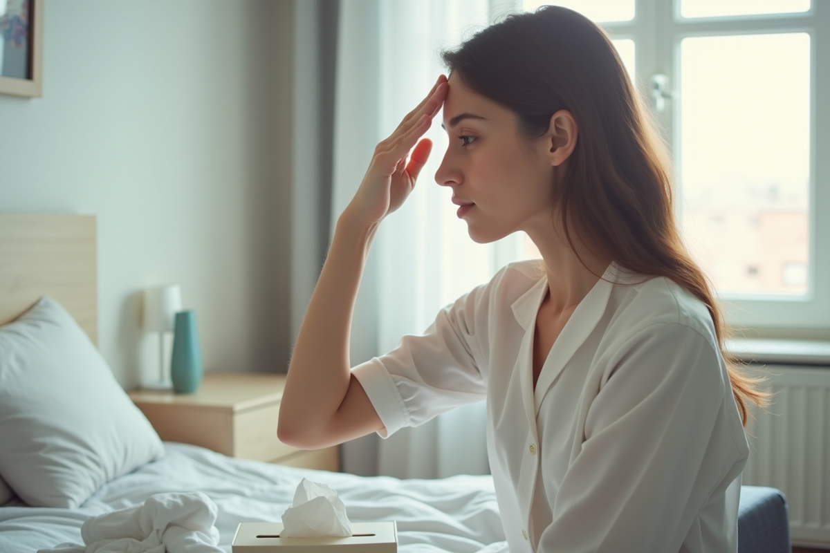 Jeune femme assise au lit vérifiant sa fièvre dans une chambre lumineuse