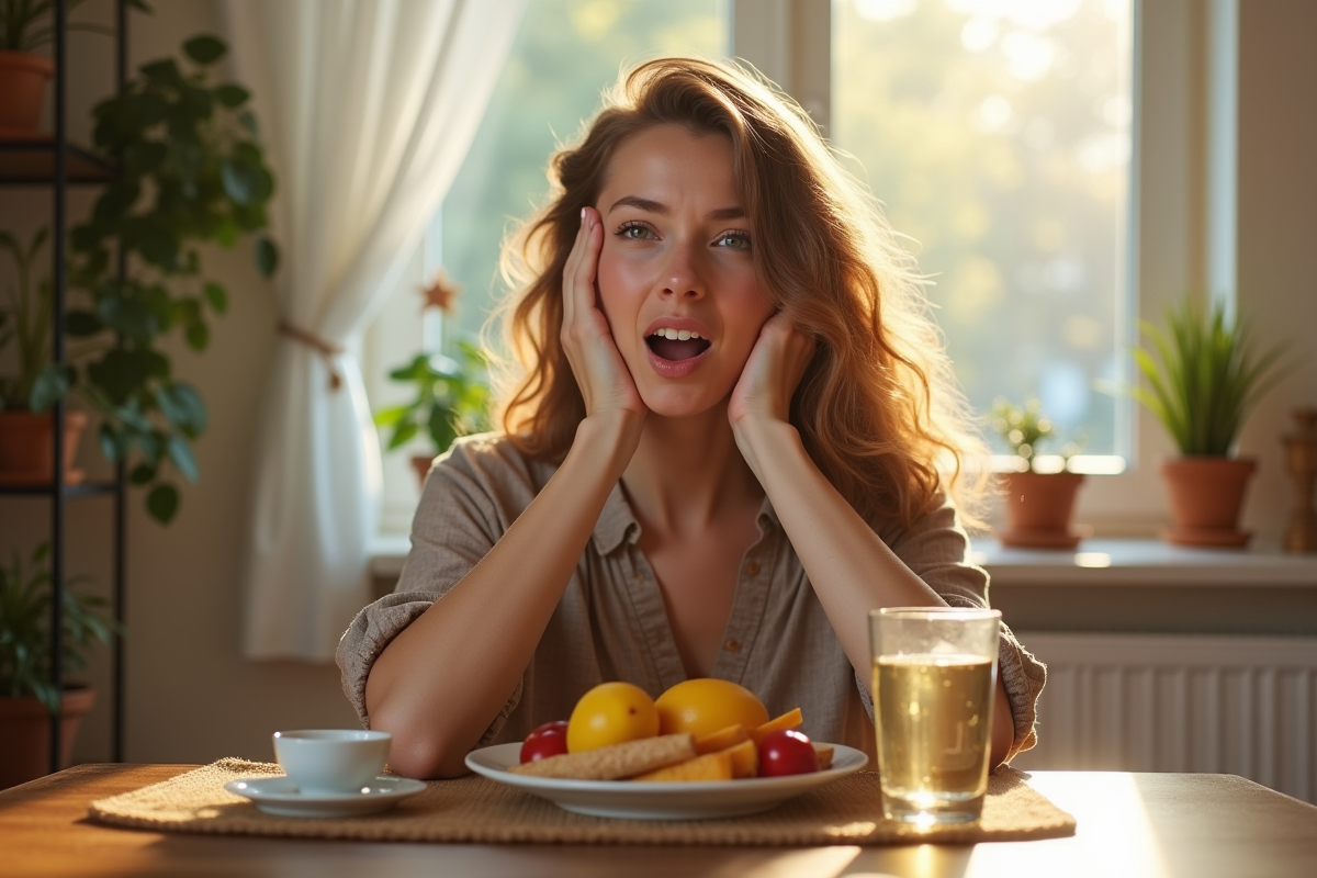 Jeune femme fatiguée au petit déjeuner matinal dans la cuisine