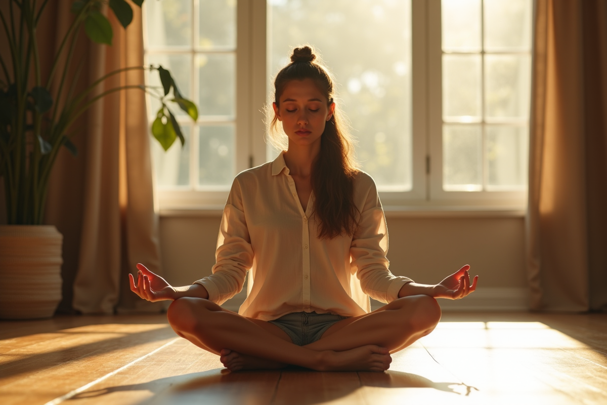 Jeune femme méditant sur un sol en bois avec lumière du matin