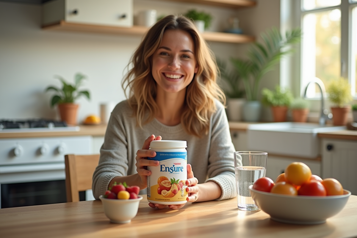 Jeune femme souriante au petit déjeuner avec Ensure et fruits