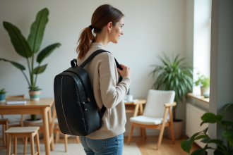 Jeune femme mettant un sac à dos ergonomique dans un appartement moderne