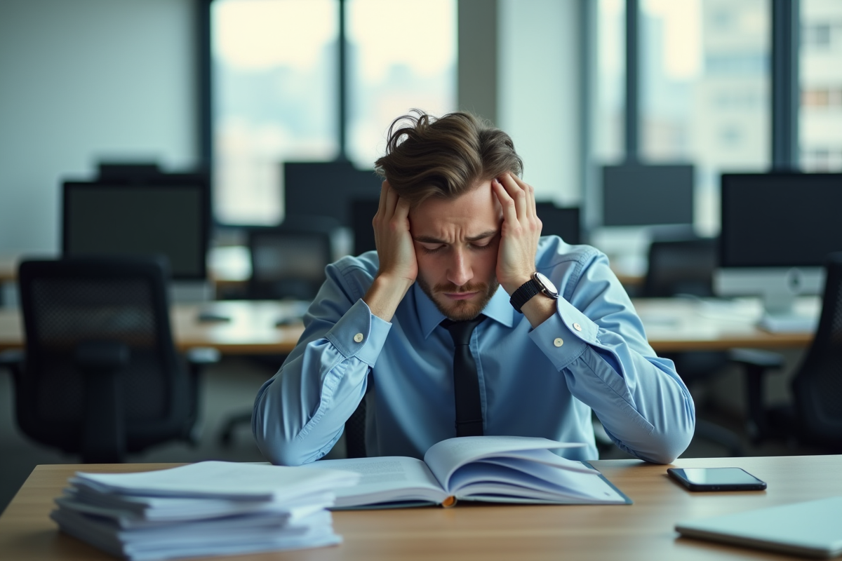 Jeune homme au bureau épuisé et stressé