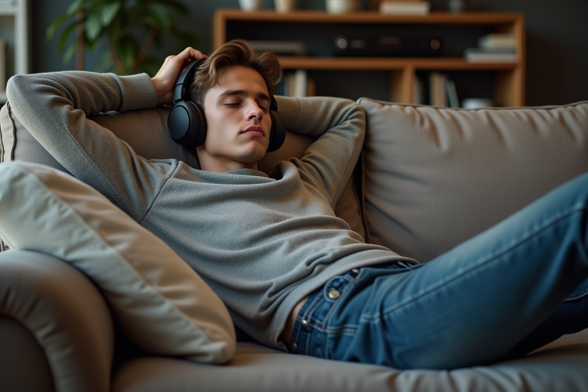 Jeune homme assis détendu sur un canapé avec casque dans un salon