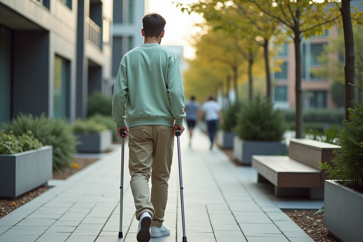 Jeune homme avec canne marchant dans la ville