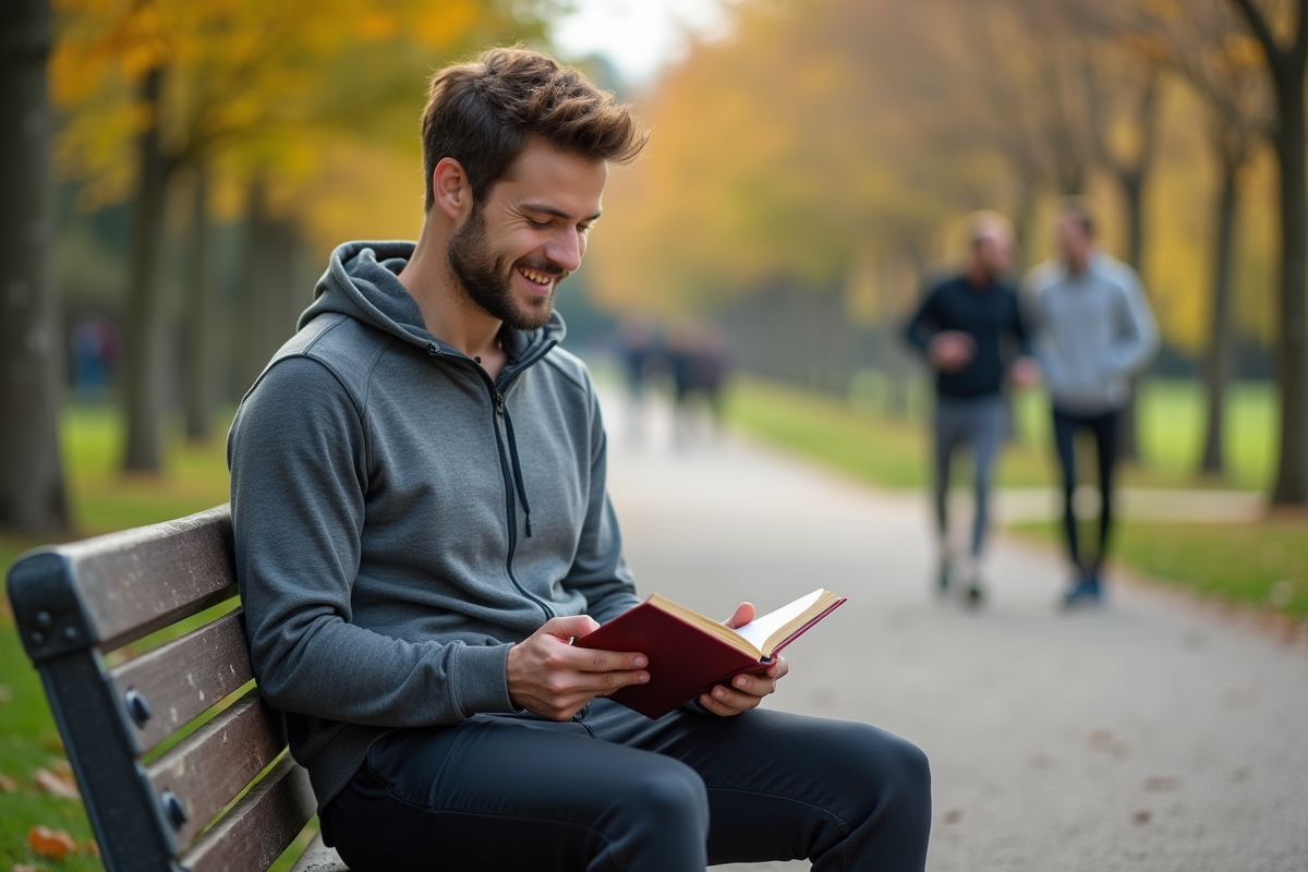 Jeune homme lisant sur un banc dans un parc urbain