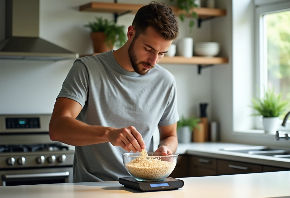Jeune homme verse des flocons dans une balance de cuisine