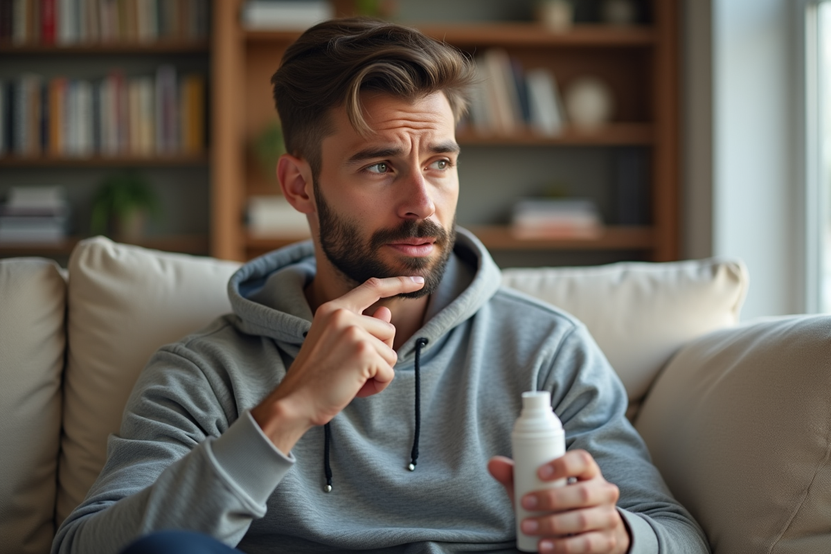 Jeune homme utilisant un spray nasal dans un salon cosy