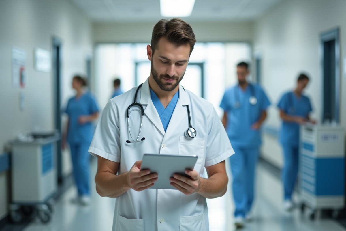 Jeune infirmier en uniforme blanc mettant à jour un dossier sur tablette