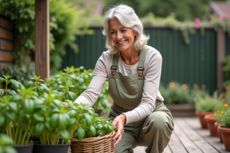 Femme d'âge moyen récoltant du basilic dans son jardin
