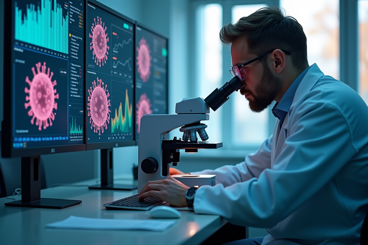Chercheur en laboratoire analysant des virus sous microscope
