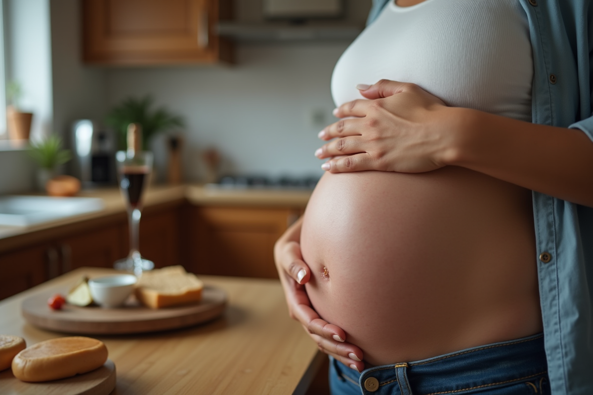 Main protectrice sur le ventre de bébé avec verre de vin