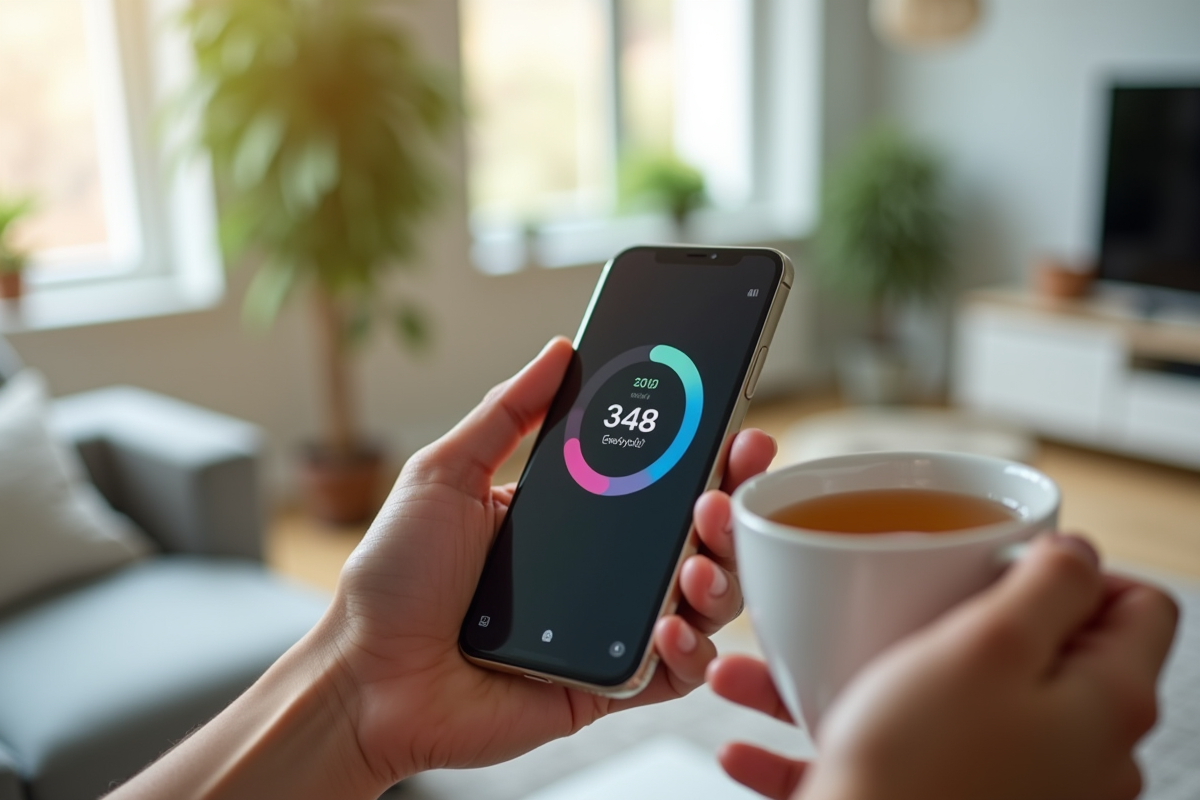 Main tenant un smartphone avec un tracker d energie faible