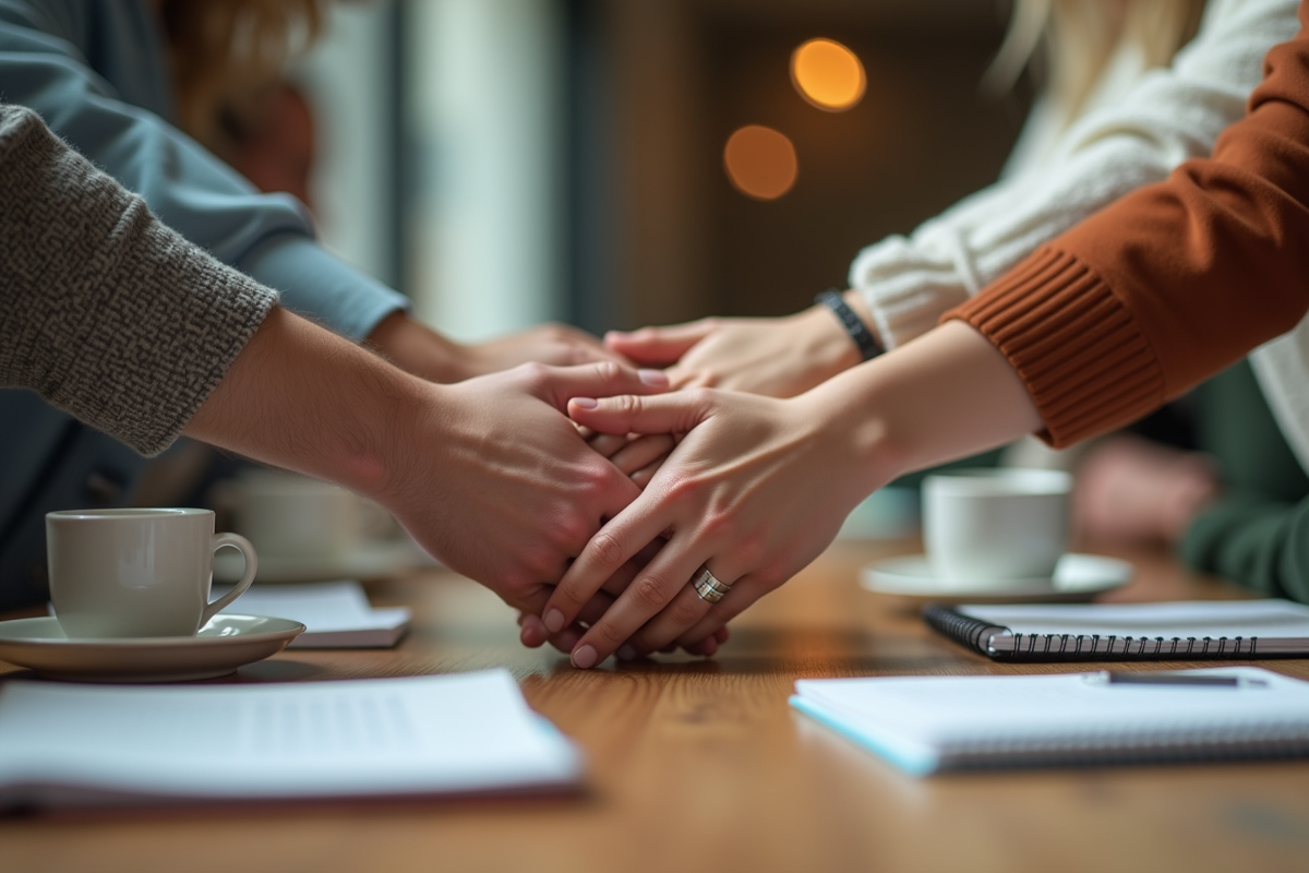 Mains de différentes personnes en union sur une table en bois