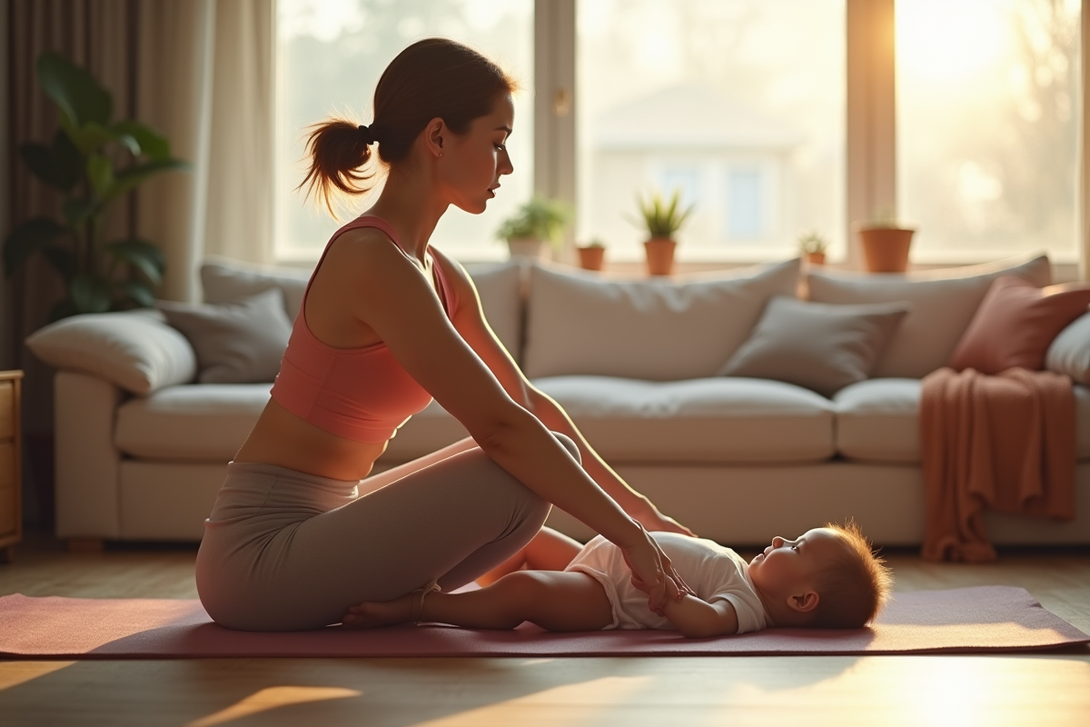 Jeune maman faisant du yoga avec son bébé à la maison