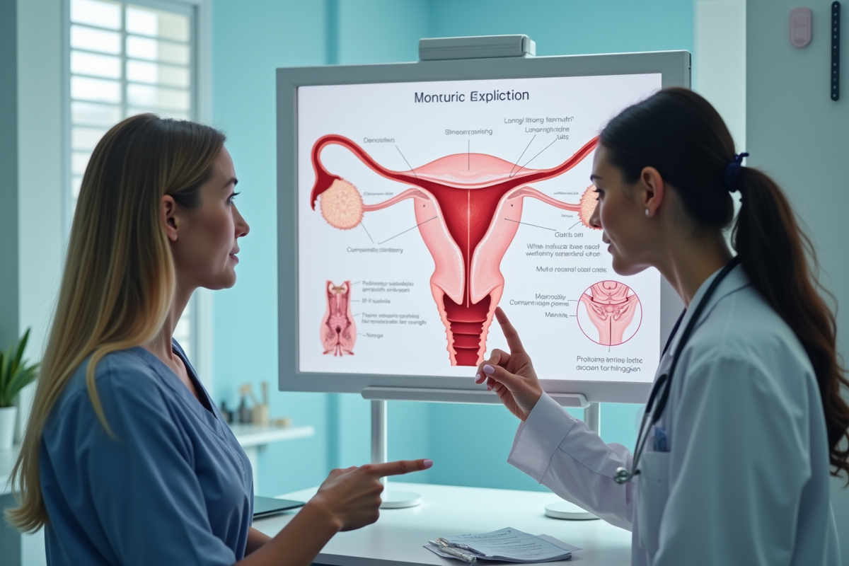 Medecin expliquant le systeme reproducteur a une femme en consultation