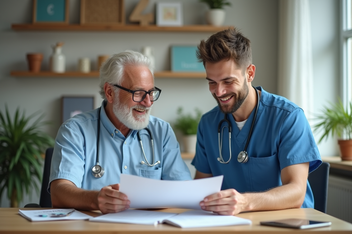 Jeune médecin et patient âgé discutant dans un cabinet