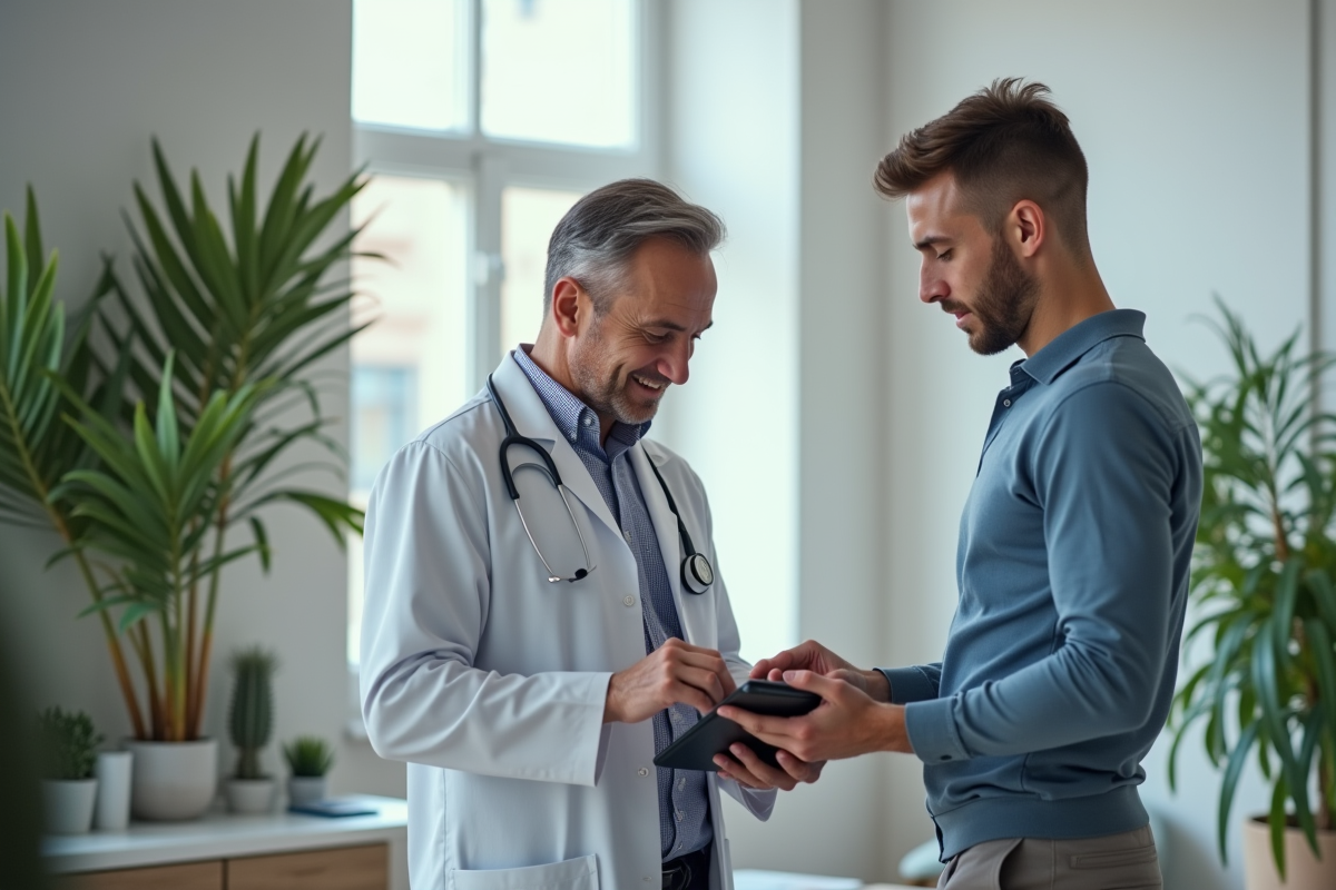 Medecin expliquant la prise de poids abdominale avec une tablette