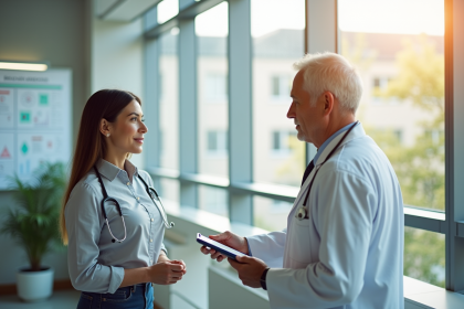 Medecin expliquant risques santé à une femme dans un cabinet lumineux