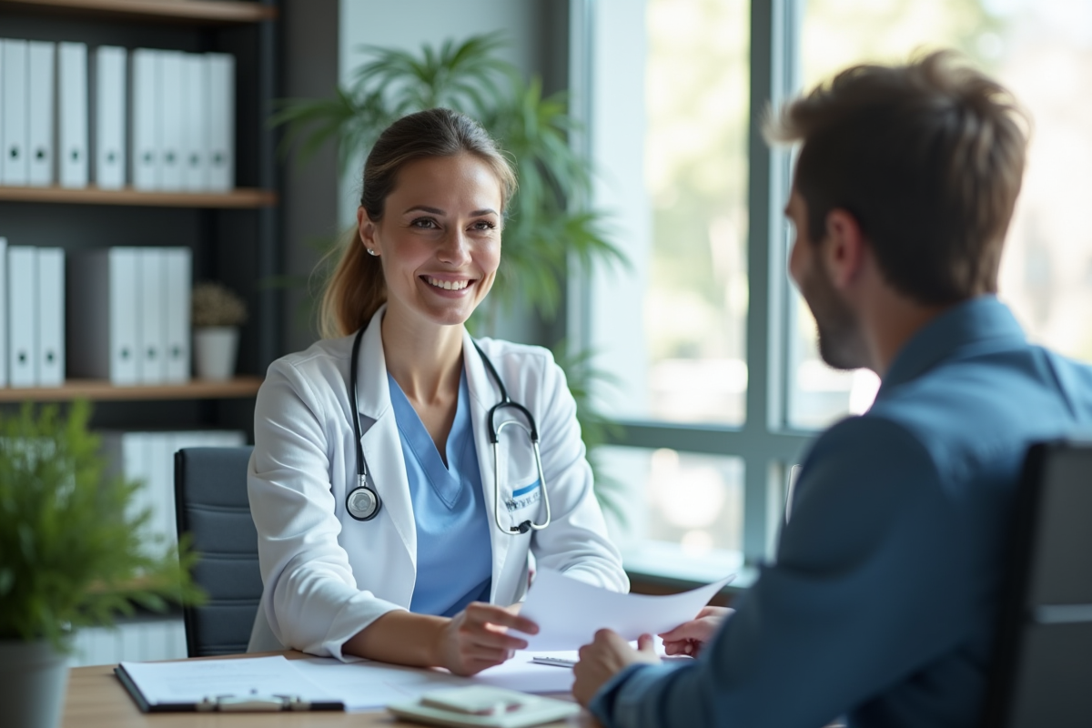 Medecin femme confiante avec patient dans son bureau lumineux