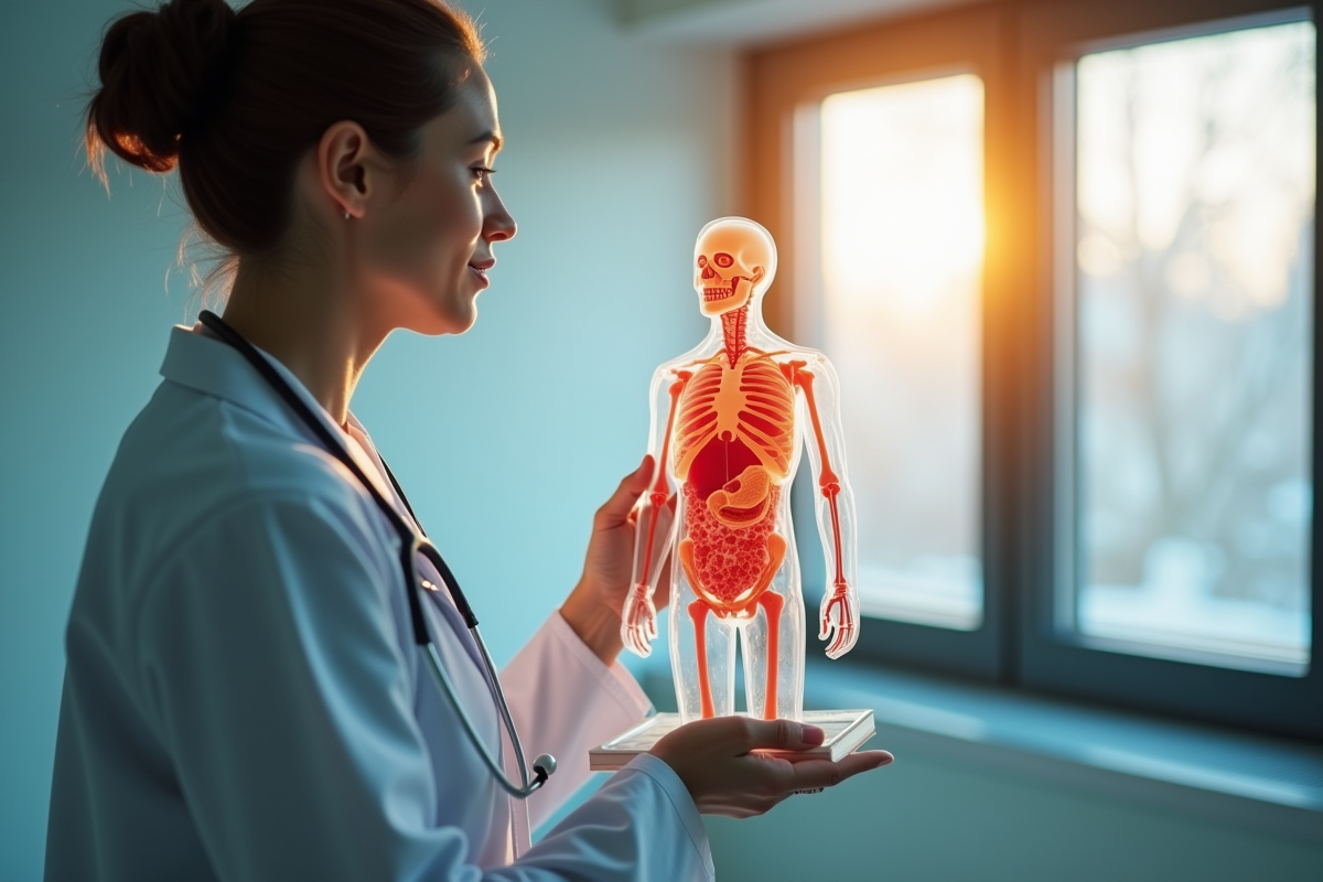 Médecin en blouse blanche tenant un modèle anatomique avec zones cancéreuses