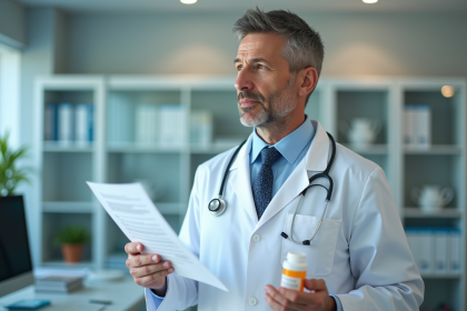 Medecin en blouse blanche tenant une prescription et une bouteille d antibiotique