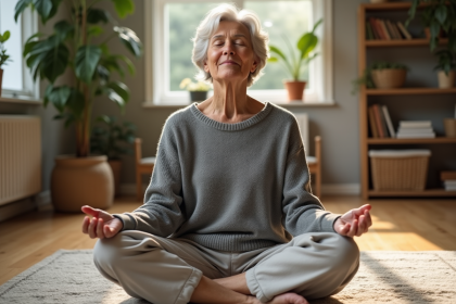 Femme &acirc;g&eacute;e m&eacute;ditant paisiblement dans un salon lumineux