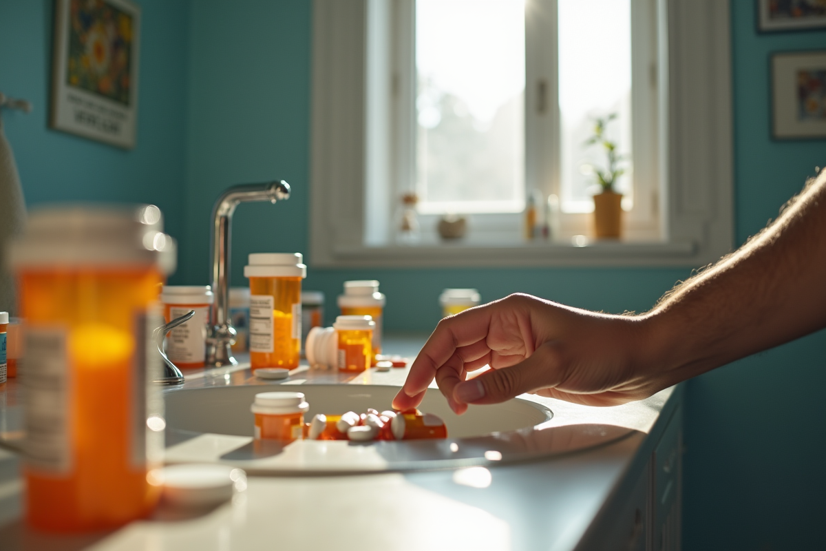 Commode de salle de bain avec médicaments et main hésitante