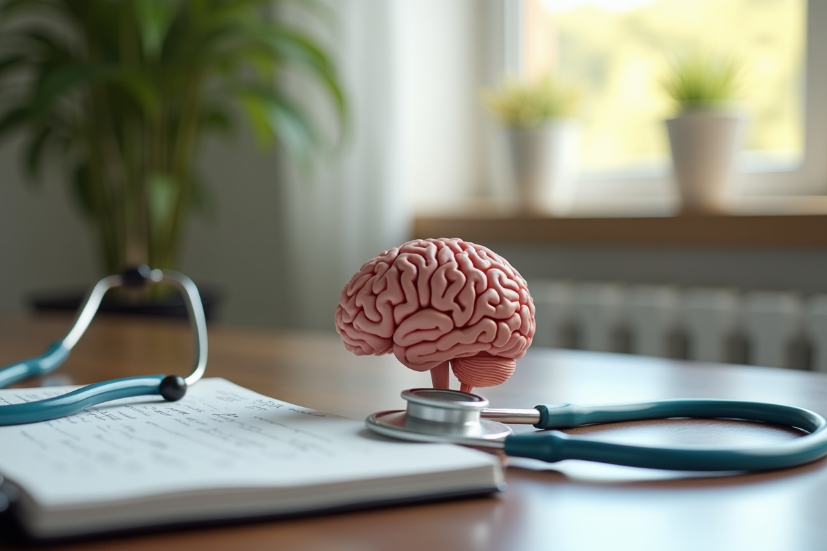 Modèle de cerveau humain sur un bureau avec stethoscope et notes médicales
