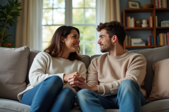 Femme et adolescent assis main dans la main dans un salon chaleureux