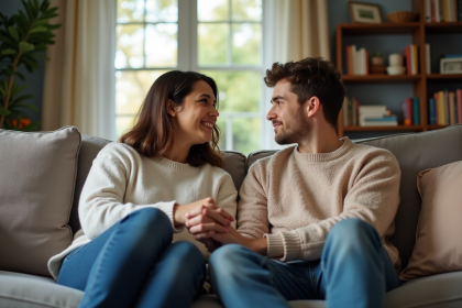 Femme et adolescent assis main dans la main dans un salon chaleureux