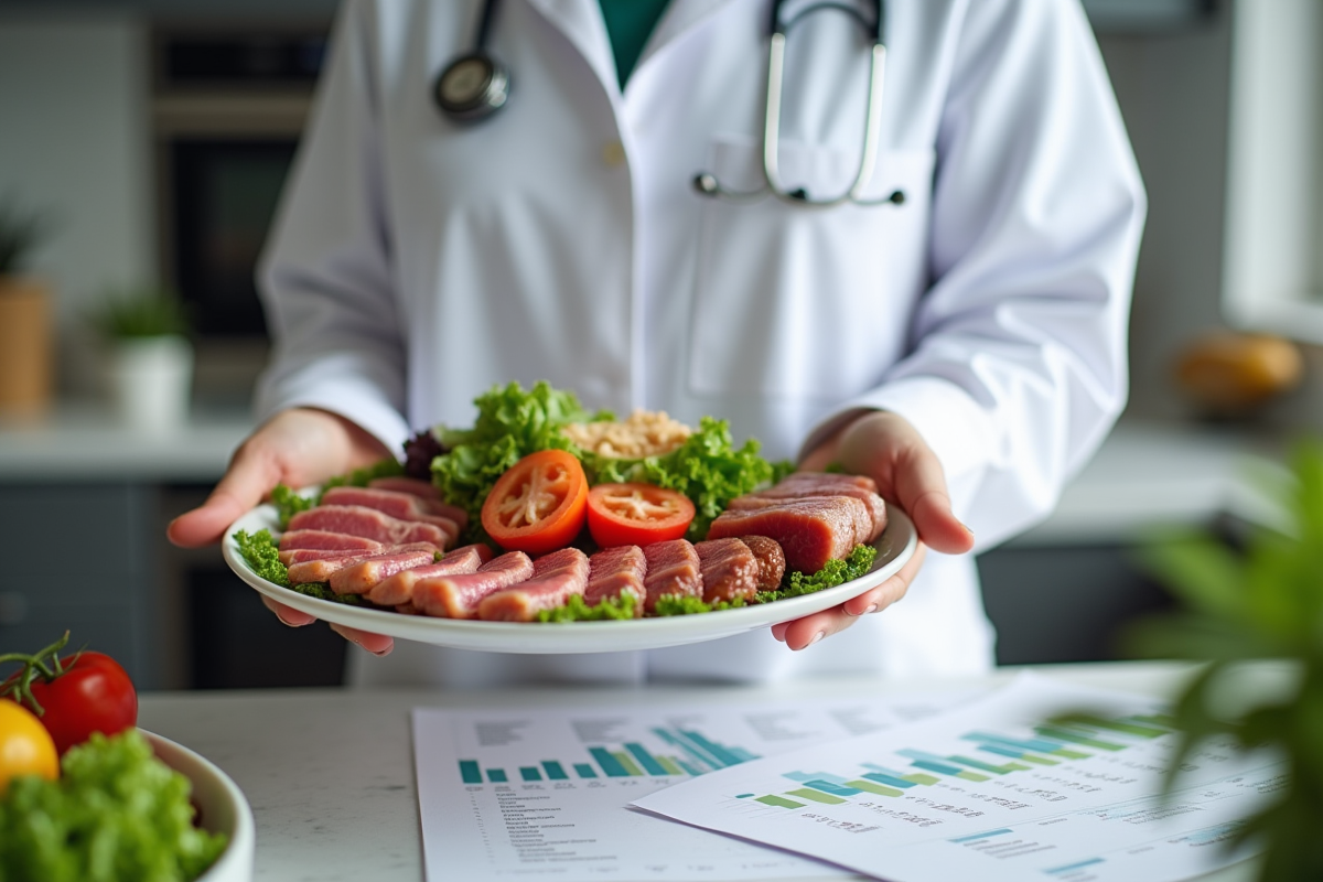 Nutritionniste tenant une assiette de viandes saines avec des graphiques