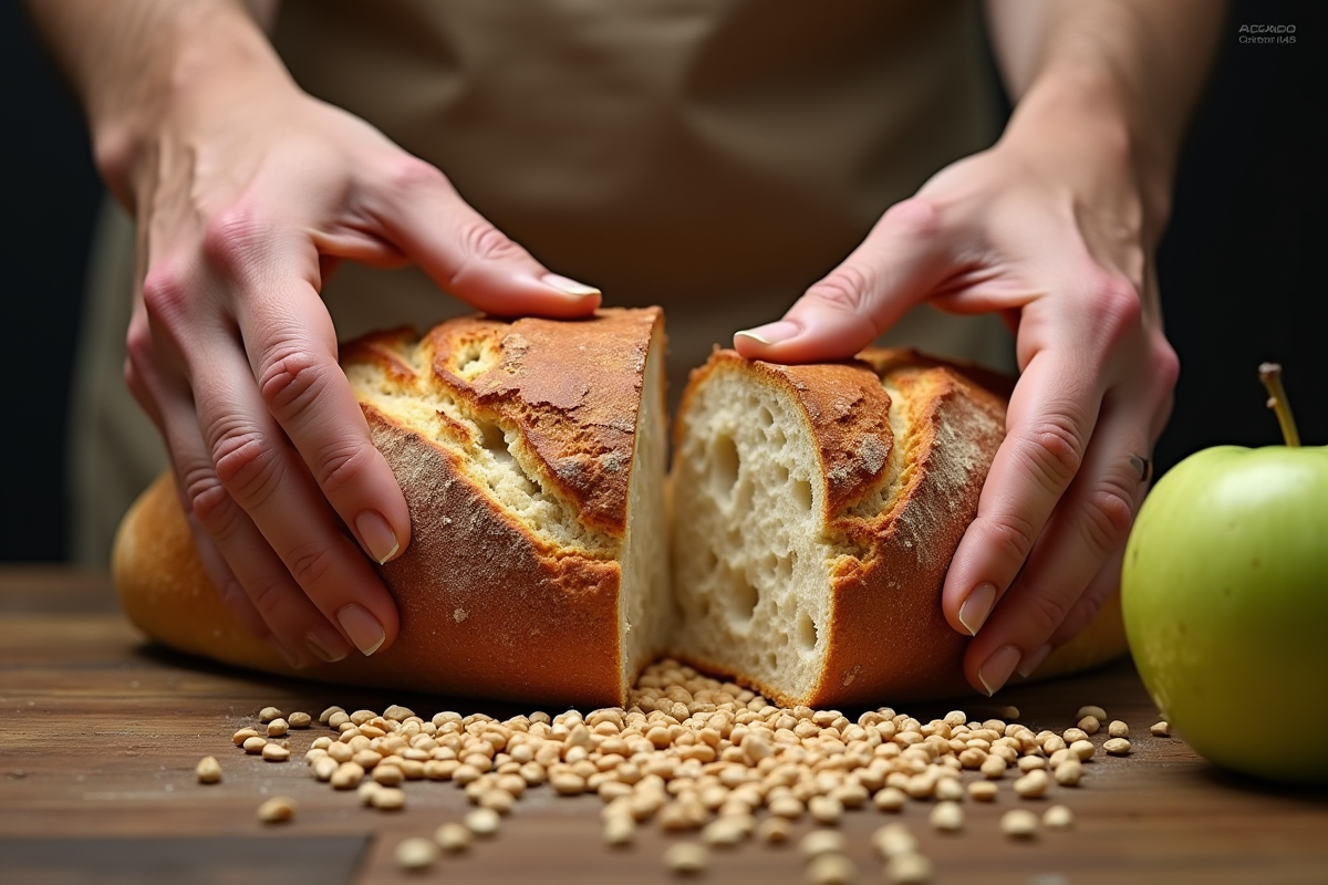 Deux mains cassant un pain rustique avec des grains de blé et une pomme verte