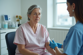 Patiente calme recevant une injection en clinique moderne