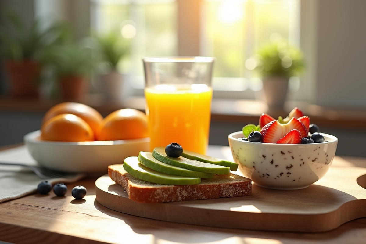 Table de petit déjeuner colorée avec pain complet avocat et fruits