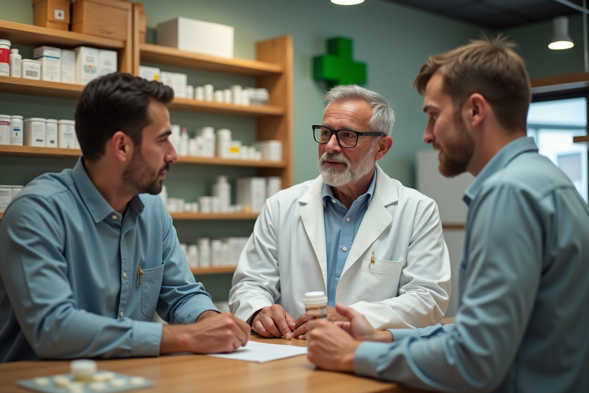 Pharmacien conseillant un client sur les compléments
