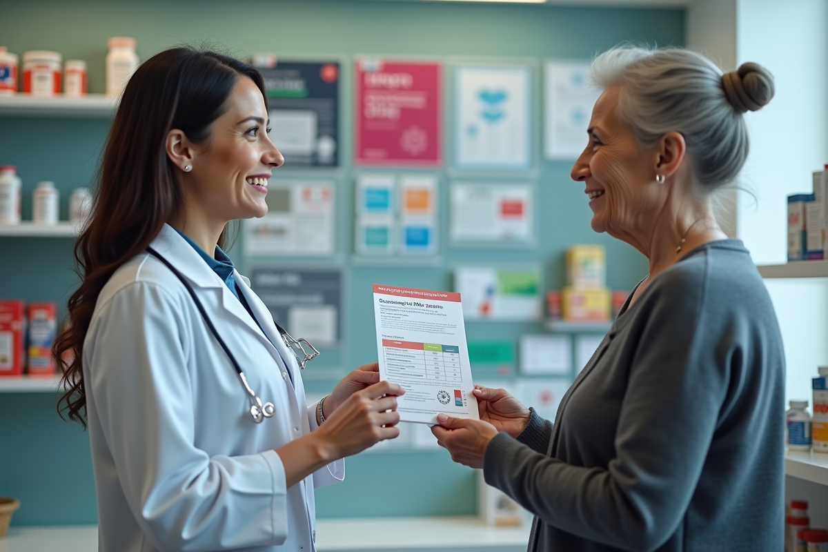Pharmacien souriant donnant un dépliant sur le Shingrix à une femme âgée