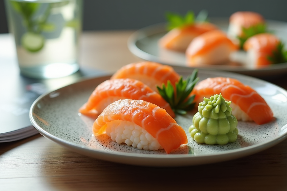 Assiette de sushi avec wasabi et brochure grossesse