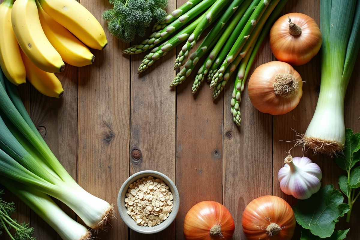 Composition d'aliments prebiotiques naturels sur une table en bois