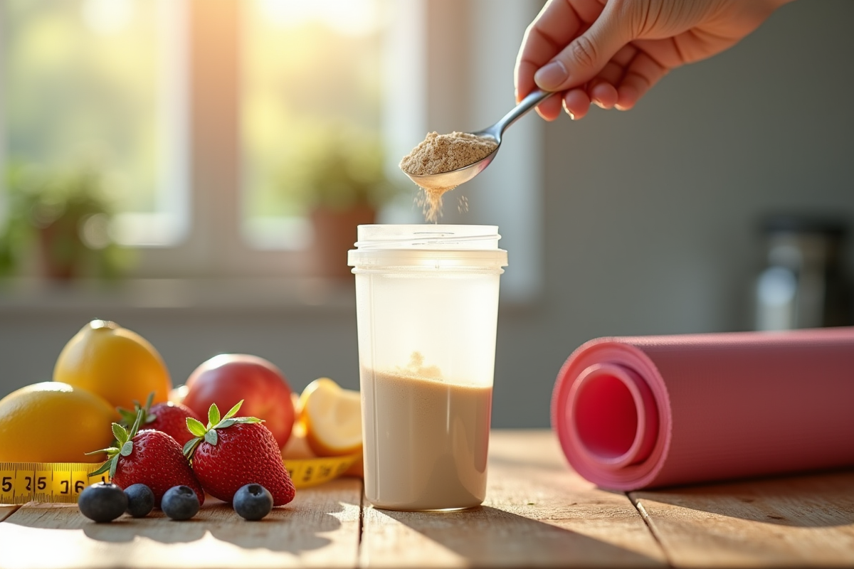 Poudre de proteine versee dans un shaker avec fruits frais