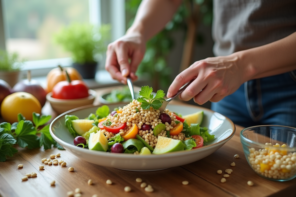 Mains préparant une salade colorée avec des artichauts et grains