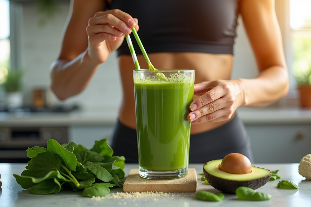 Personne en tenue de sport préparant un smoothie vert sain