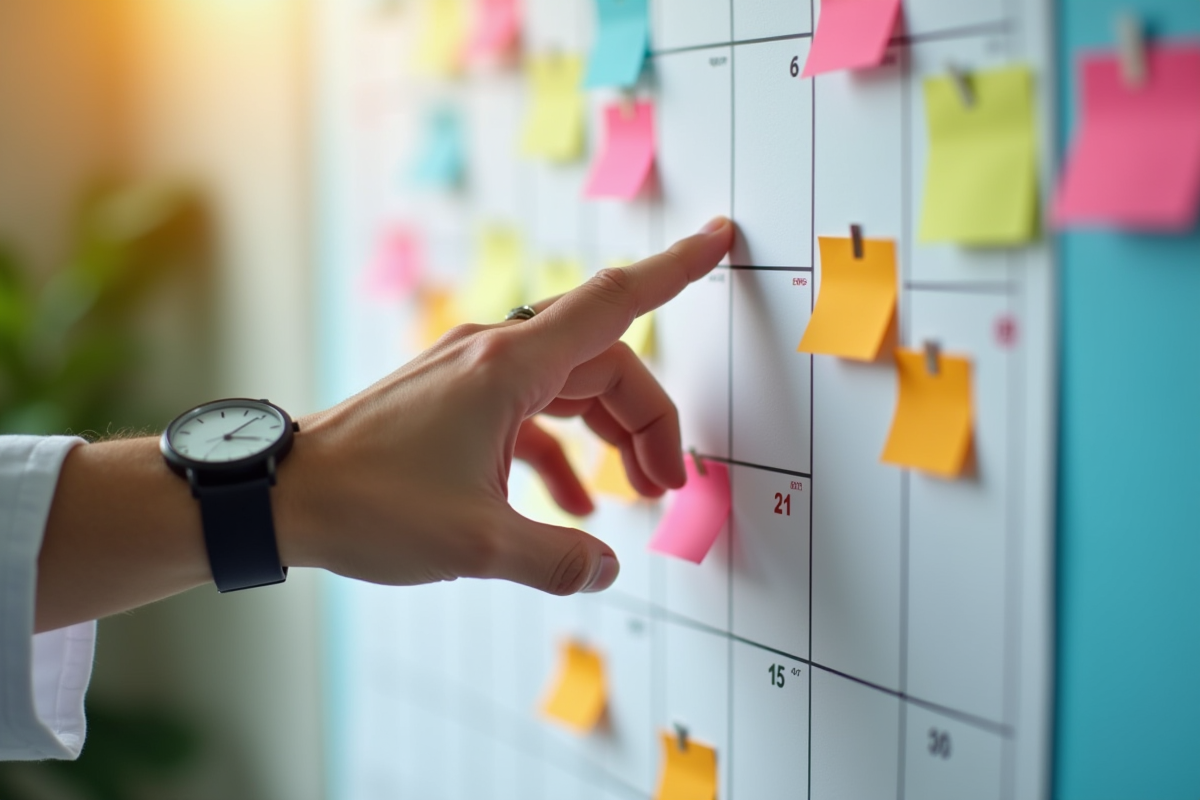 Main atteignant un calendrier avec notes colorées pour un rendez-vous physiotherapie